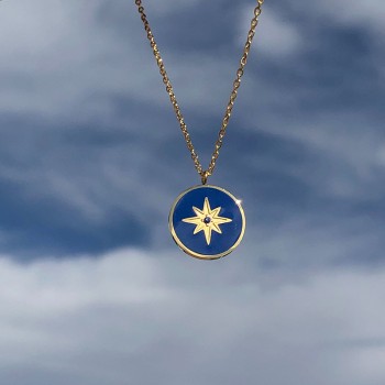 Blue Enamel Marine Eight Pointed Star Compass Round Pendant Necklace 