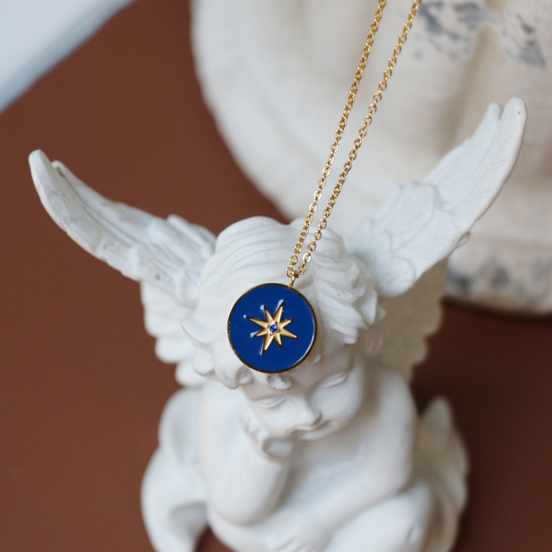 Blue Enamel Marine Eight Pointed Star Compass Round Pendant Necklace 