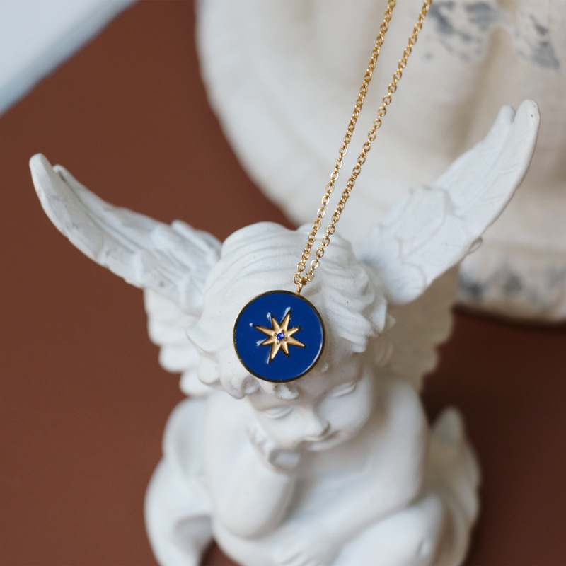Blue Enamel Marine Eight Pointed Star Compass Round Pendant Necklace 