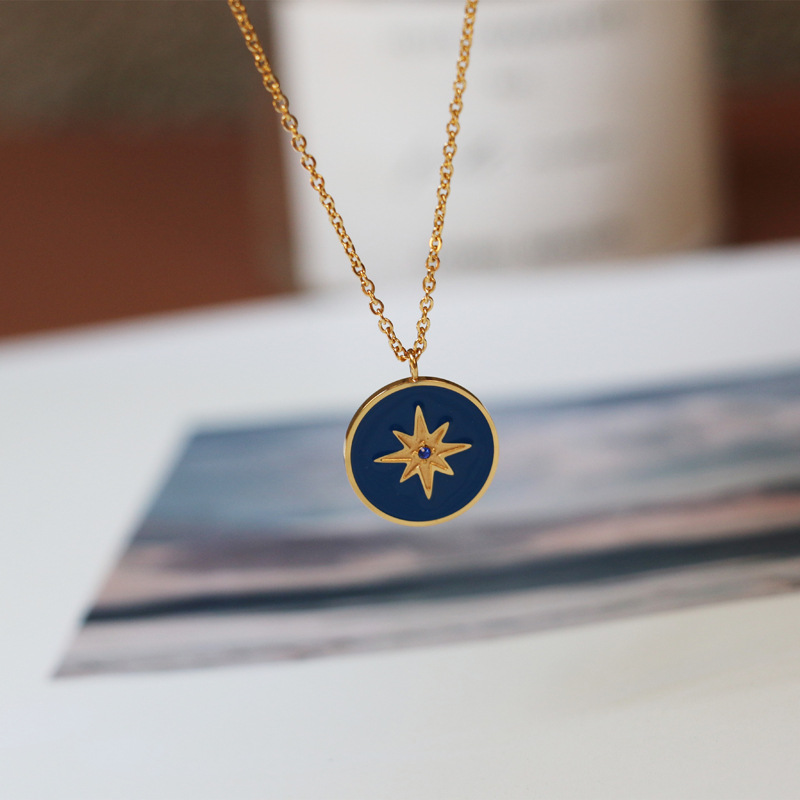 Blue Enamel Marine Eight Pointed Star Compass Round Pendant Necklace 