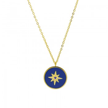Blue Enamel Marine Eight Pointed Star Compass Round Pendant Necklace