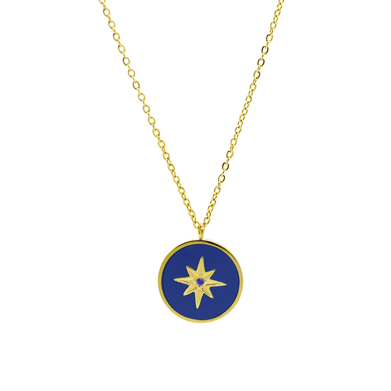 Blue Enamel Marine Eight Pointed Star Compass Round Pendant Necklace 