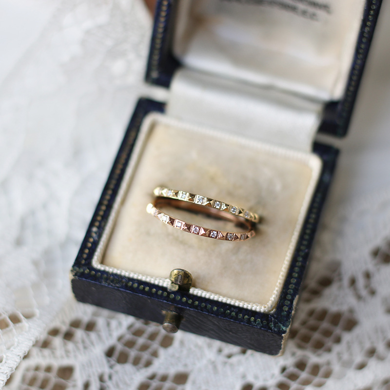 Mini Ring with Rivets and Micro Diamonds Geometric Petite Women's Ring