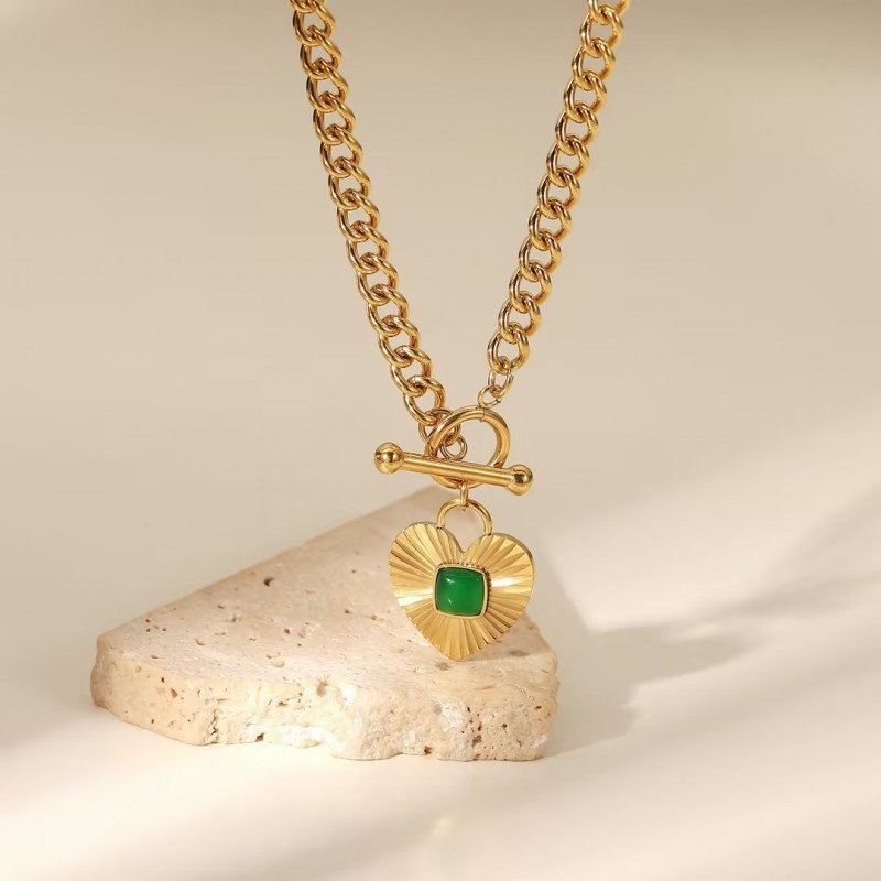 Heart Shaped Pendant With Green Agate OT Buckle Cuban Chain Necklace 