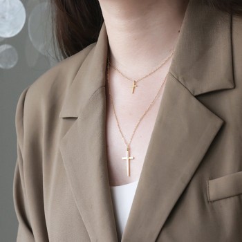 Simple Double-layer Cross Necklace Sweater Chain Stacking to Wear European and American Fashion 