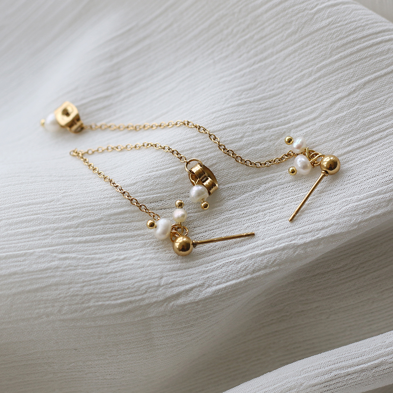 Freshwater Pearl Mini Small Japanese Irregular small Pearl Chain Back Hanging Gold Bead Earrings 
