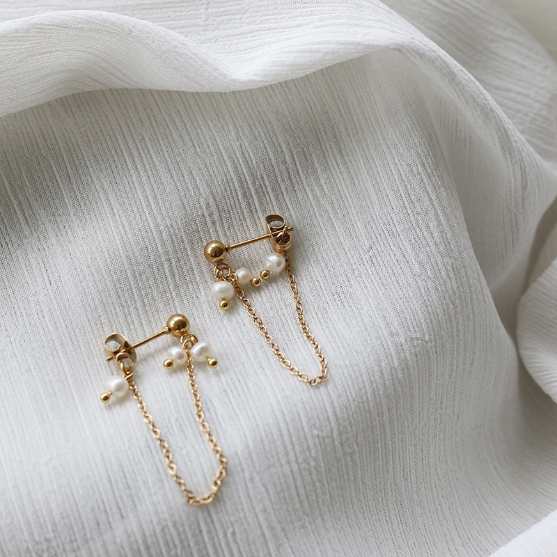 Freshwater Pearl Mini Small Japanese Irregular small Pearl Chain Back Hanging Gold Bead Earrings 