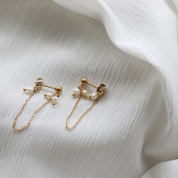 Freshwater Pearl Mini Small Japanese Irregular small Pearl Chain Back Hanging Gold Bead Earrings