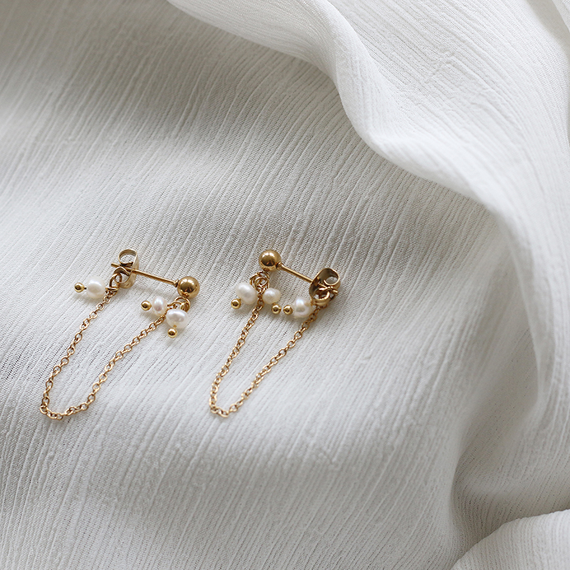 Freshwater Pearl Mini Small Japanese Irregular small Pearl Chain Back Hanging Gold Bead Earrings 