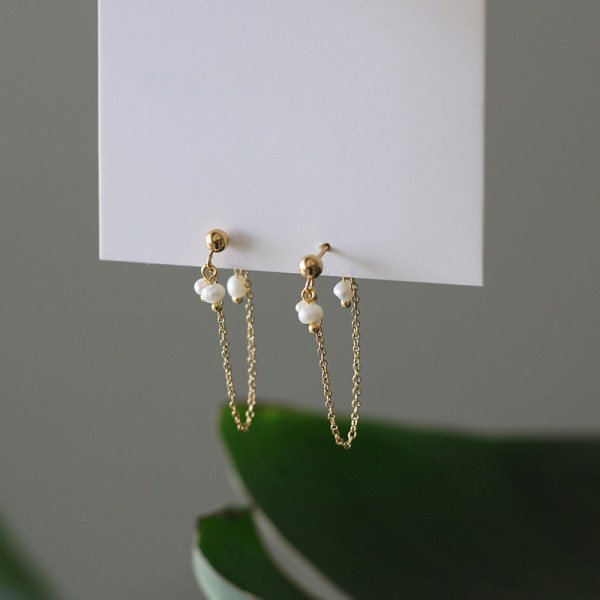 Freshwater Pearl Mini Small Japanese Irregular small Pearl Chain Back Hanging Gold Bead Earrings