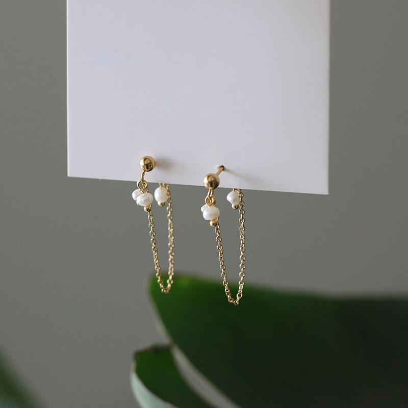 Freshwater Pearl Mini Small Japanese Irregular small Pearl Chain Back Hanging Gold Bead Earrings 