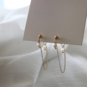 Freshwater Pearl Mini Small Japanese Irregular small Pearl Chain Back Hanging Gold Bead Earrings