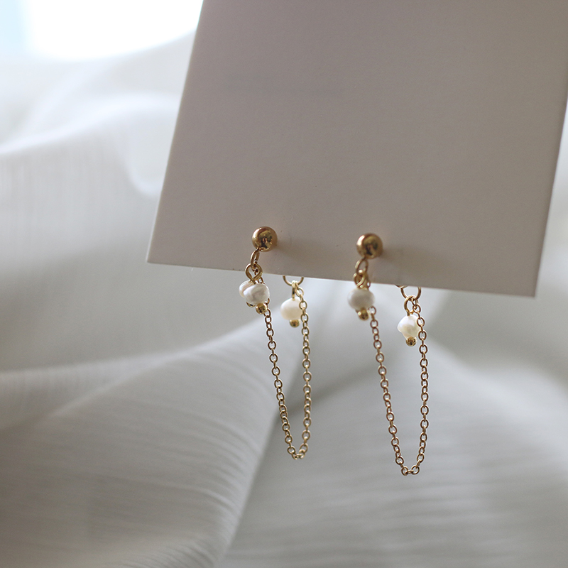 Freshwater Pearl Mini Small Japanese Irregular small Pearl Chain Back Hanging Gold Bead Earrings 