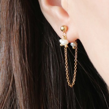 Freshwater Pearl Mini Small Japanese Irregular small Pearl Chain Back Hanging Gold Bead Earrings