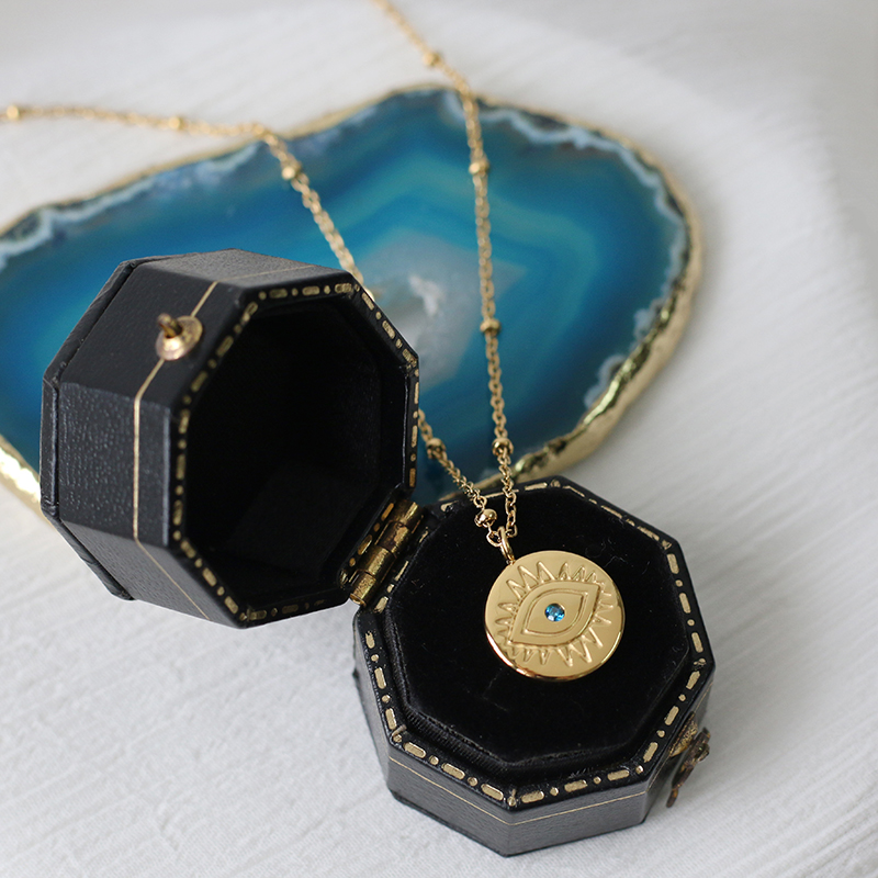 Ethnic Wind Cross-border Blue Diamond Blue Eyes Demon Eye Gold Coin Necklace Clavicle Chain 