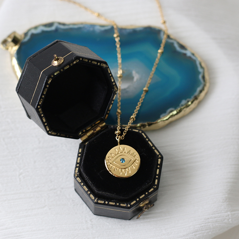 Ethnic Wind Cross-border Blue Diamond Blue Eyes Demon Eye Gold Coin Necklace Clavicle Chain 