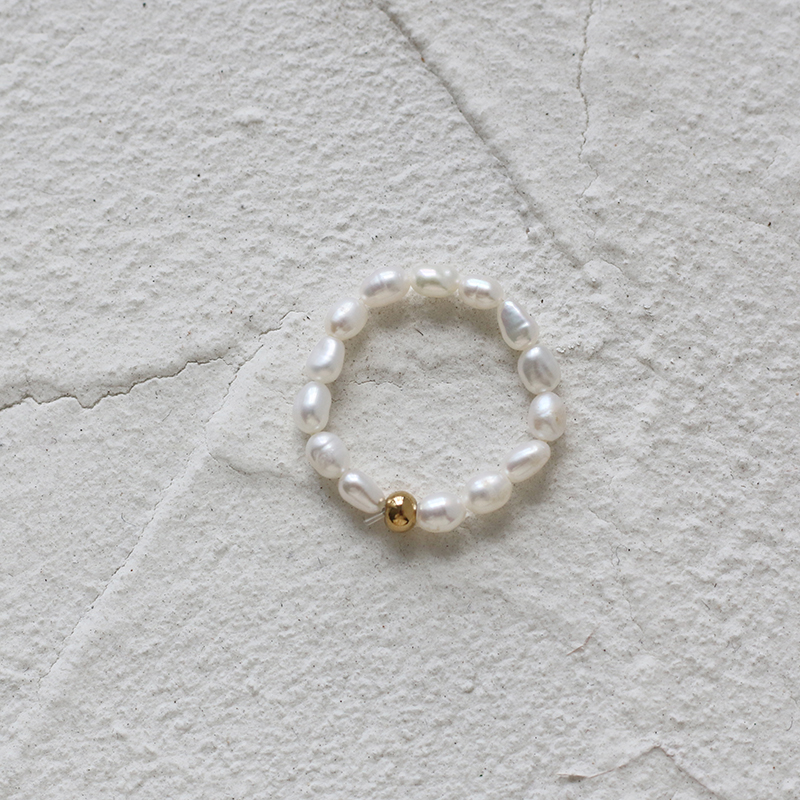 Handmade Freshwater Pearl Small Gold Bead Elastic Ring Tail Ring 