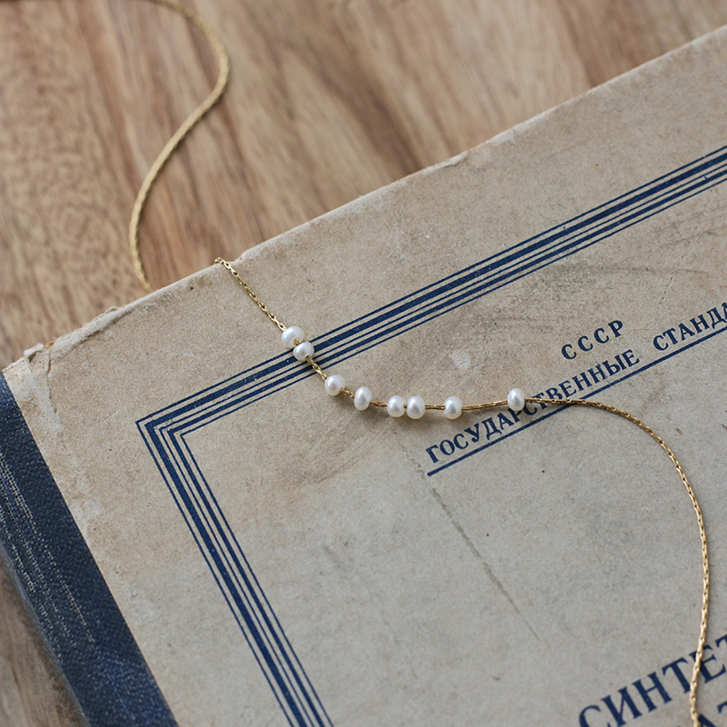 Japanese Small Smile Eight Freshwater Pearl Bamboo Link Necklace Short Clavicle Choker 