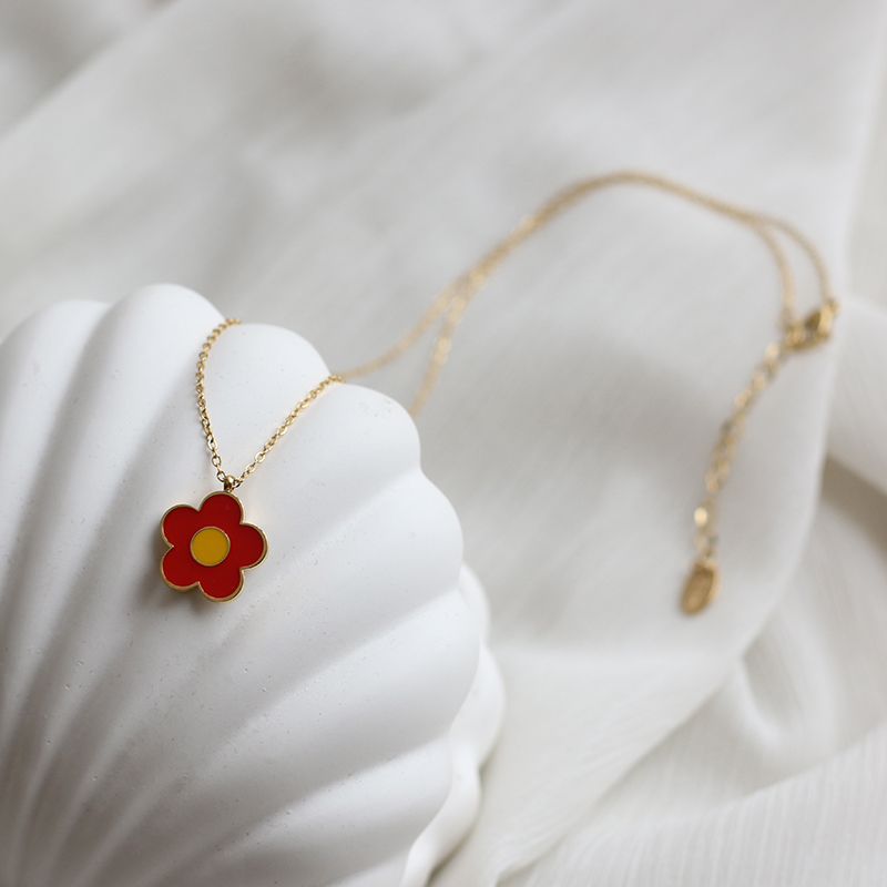 Little Red Flower New Year Daisy Enamel Epoxy Small Flower Necklace Clavicle Chain Earrings 
