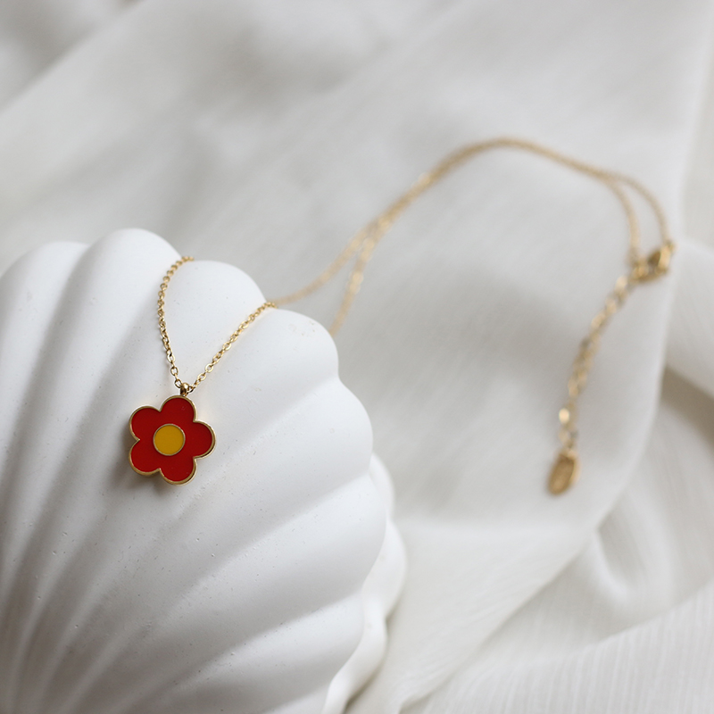 Little Red Flower New Year Daisy Enamel Epoxy Small Flower Necklace Clavicle Chain Earrings 
