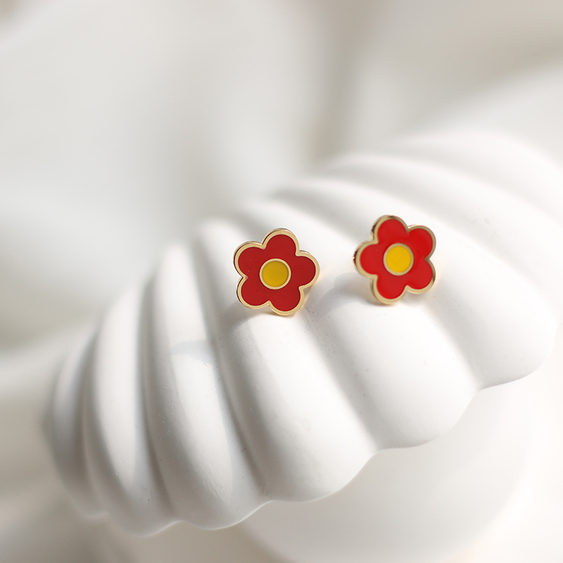 Little Red Flower New Year Daisy Enamel Epoxy Small Flower Necklace Clavicle Chain Earrings 