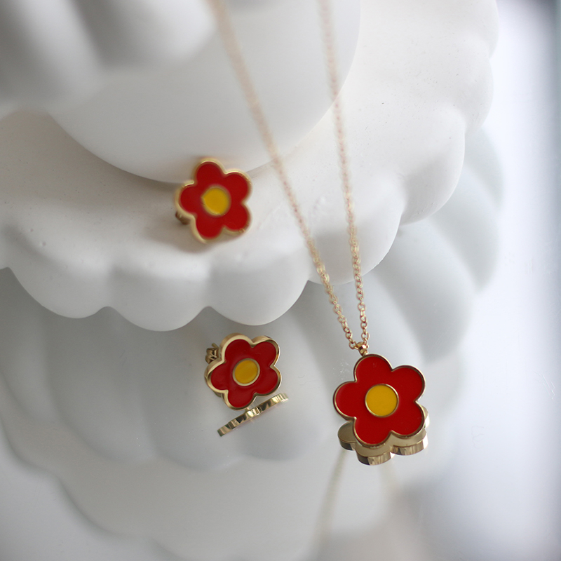 Little Red Flower New Year Daisy Enamel Epoxy Small Flower Necklace Clavicle Chain Earrings