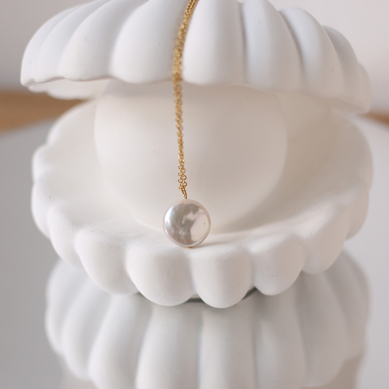 Summer Freshwater Pearl Flat Round Button Pearl Necklace  