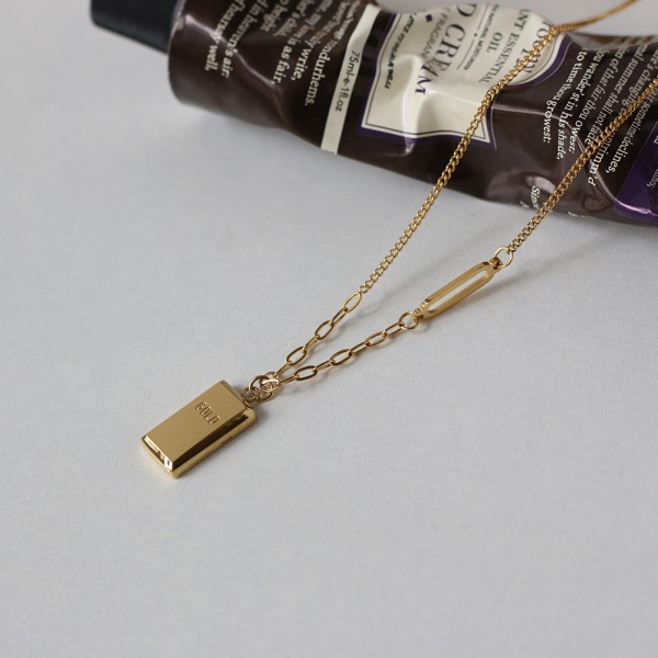 Gold Brick Small Gold Bar Diamond Necklace