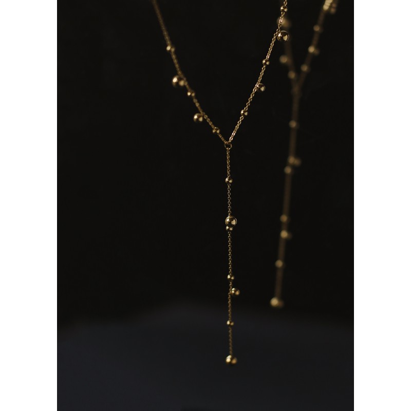 Elongated Neck Design Y-shaped Tassel Long Chain Gold Bead Gold Ball Necklace 