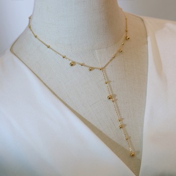 Elongated Neck Design Y-shaped Tassel Long Chain Gold Bead Gold Ball Necklace 