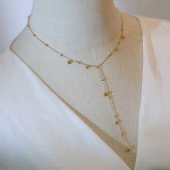 Elongated Neck Design Y-shaped Tassel Long Chain Gold Bead Gold Ball Necklace