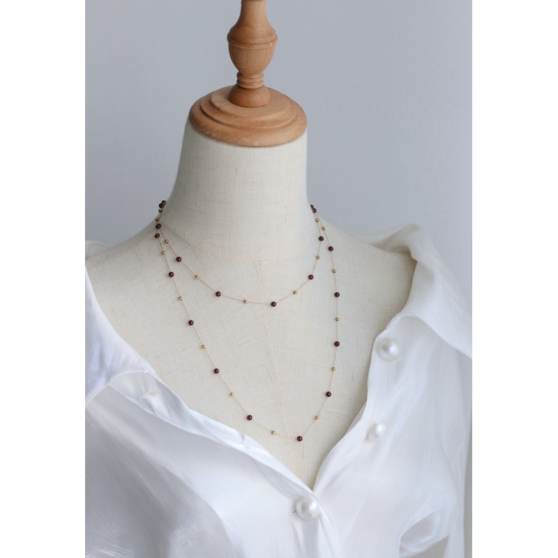 Sweater Chain Handmade Gold Bead Chain Natural Garnet Wine Red Short Necklace 