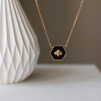 Honeycomb Little Bee Hexagon Green Stripe RETRO BLACK NECKLACE