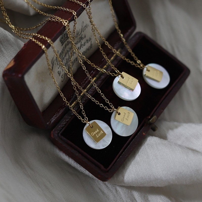 Round Natural White Shell Luck Square Letter Necklace 