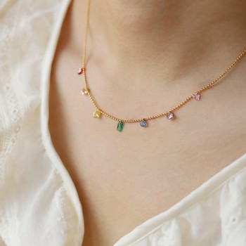 Colorful Girl Heart Blue Diamond Rainbow Water Drop Zircon Seven Color Necklace
