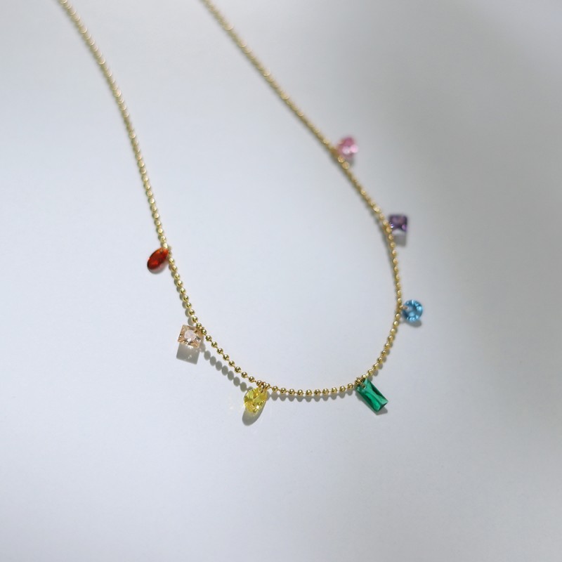 Colorful Girl Heart Blue Diamond Rainbow Water Drop Zircon Seven Color Necklace 