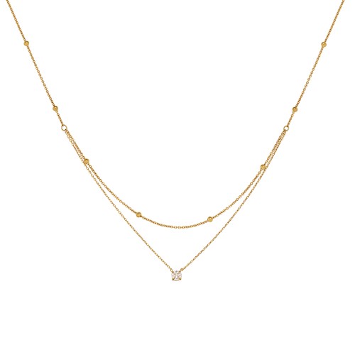 Exquisite Single Diamond Double Layer Necklace with Gold Beads Clavicle Chain