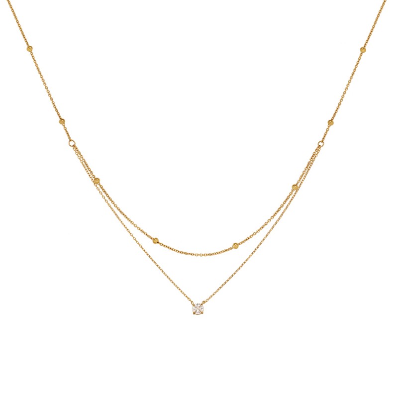 Exquisite Single Diamond Double Layer Necklace with Gold Beads Clavicle Chain 