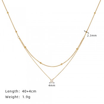 Exquisite Single Diamond Double Layer Necklace with Gold Beads Clavicle Chain