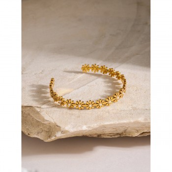 Stainless Steel Daisy Pearl Open Bracelet 