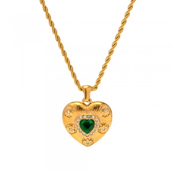 Gold texture hand-inlaid emerald white stone heart pendant necklace