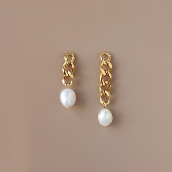 Freshwater Pearl Irregular Chain Length AB Asymmetric Earrings Titanium Steel Plated 18K Gold Without Fading