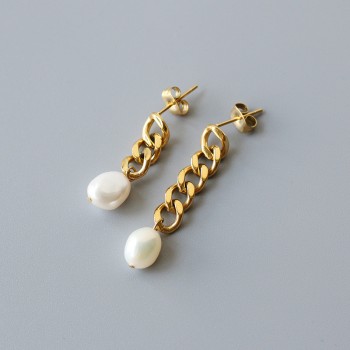 Freshwater Pearl Irregular Chain Length AB Asymmetric Earrings Titanium Steel Plated 18K Gold Without Fading