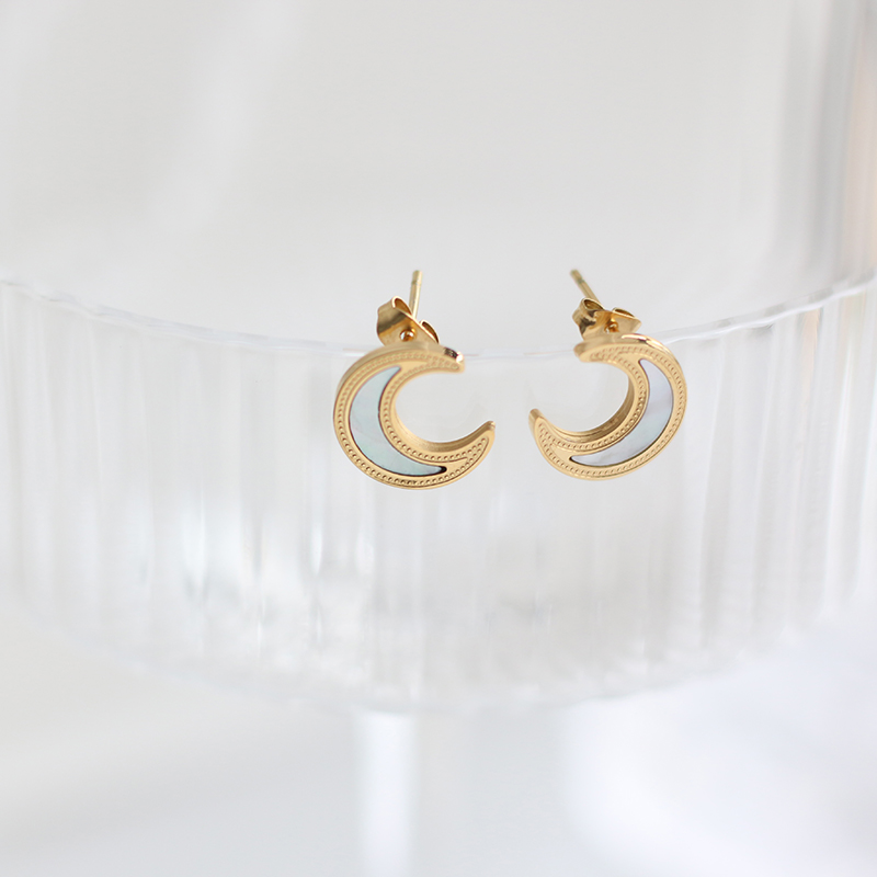 White Shell Moon and Crescent Goddess Stud Earrings 