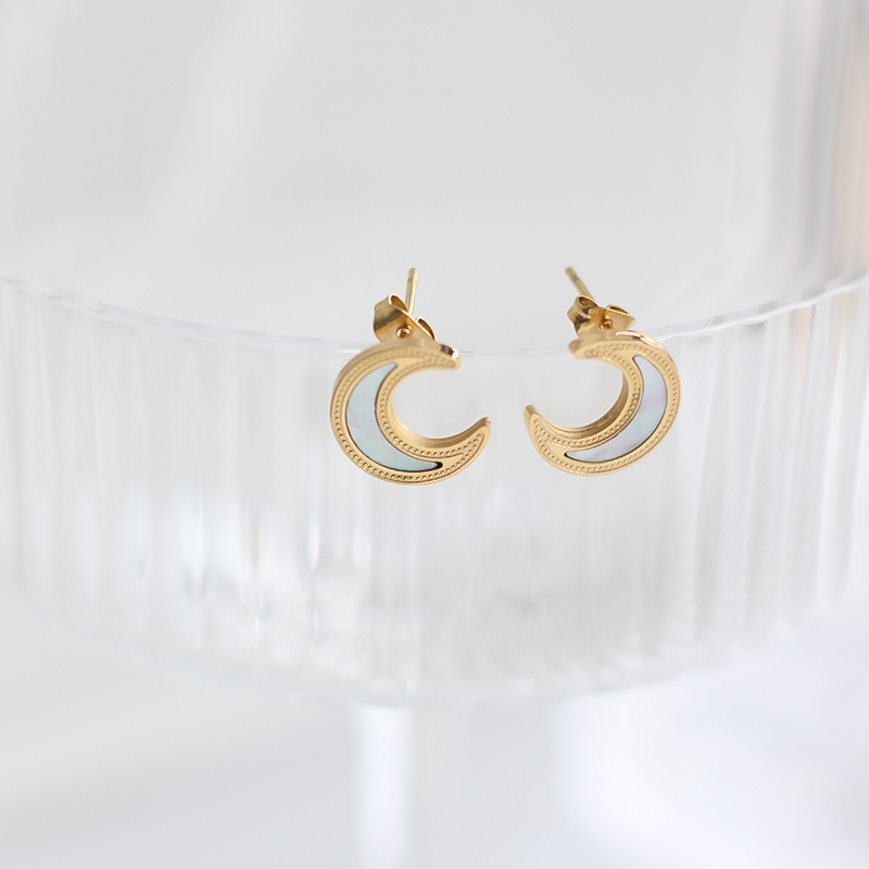 White Shell Moon and Crescent Goddess Stud Earrings  