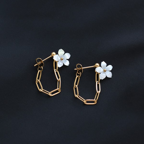 Fritillaria White Shell Flower Peach Blossom Back Hanging Chain Earrings 