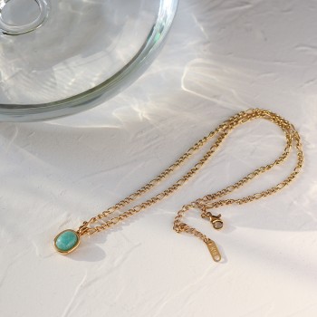 Mint Green Holiday Wind Roman Tianhe Stone Oval Natural Stone Necklace Clavicle Chain 