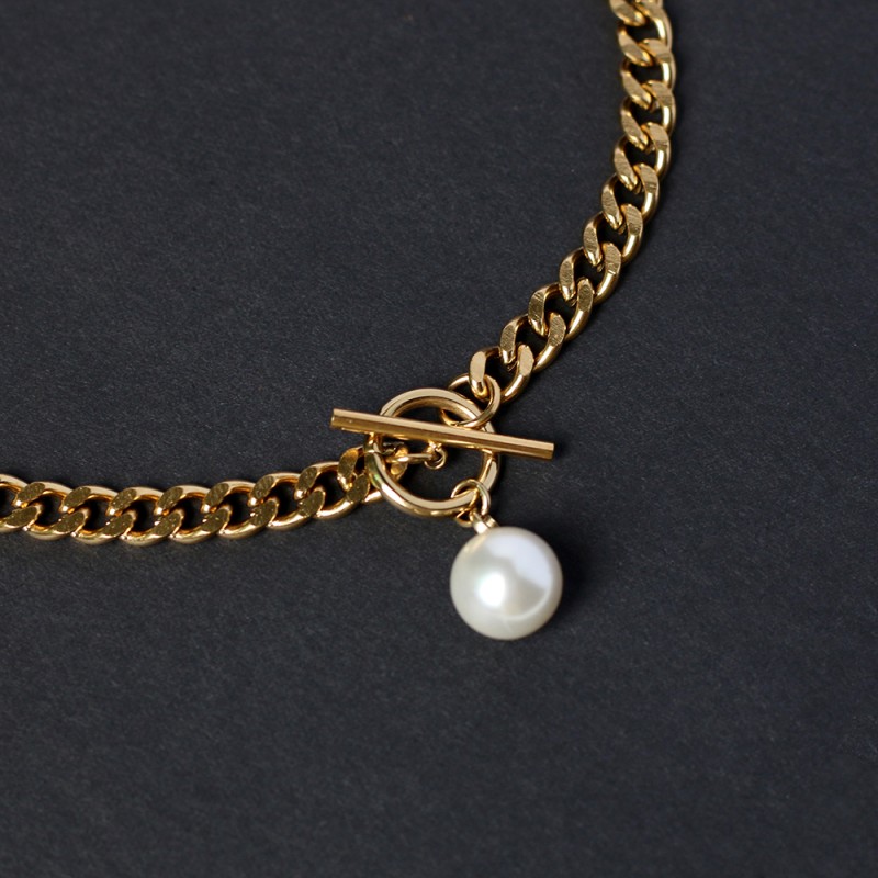 OT Buckle Letter MORE Pearl Chain Necklace Clavicle Chain  