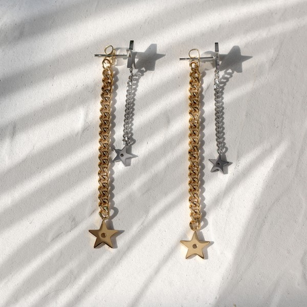 Fringed Back Hanging Stars And Meteor Shower Gold And Silver Contrast Long Autumn New Earrings 