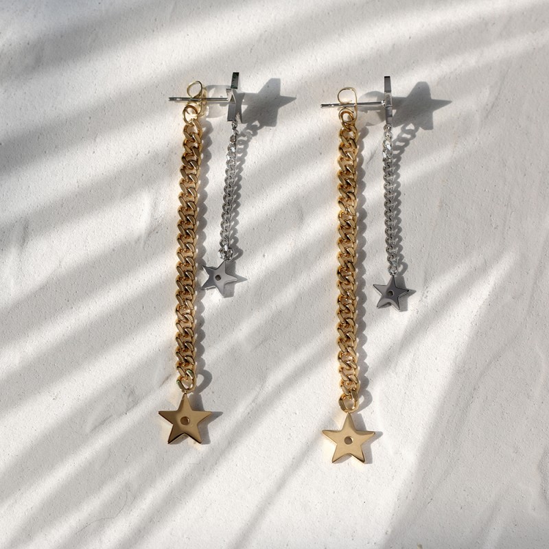 Fringed Back Hanging Stars And Meteor Shower Gold And Silver Contrast Long Autumn New Earrings  